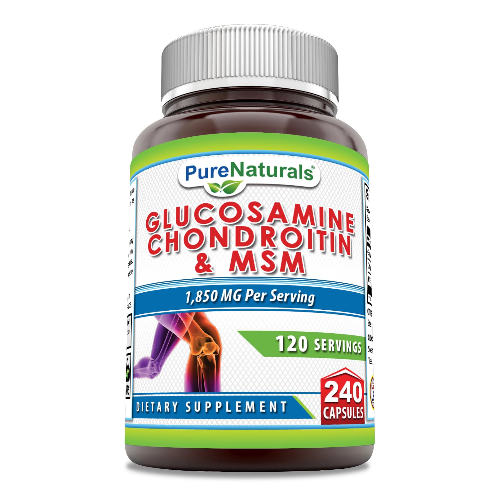 Pure Naturals Glucosamine Chondroitin + MSM Supplement | 1850 Mg | 240 Capsules | Non-GMO | Gluten-Free | Made in USA
