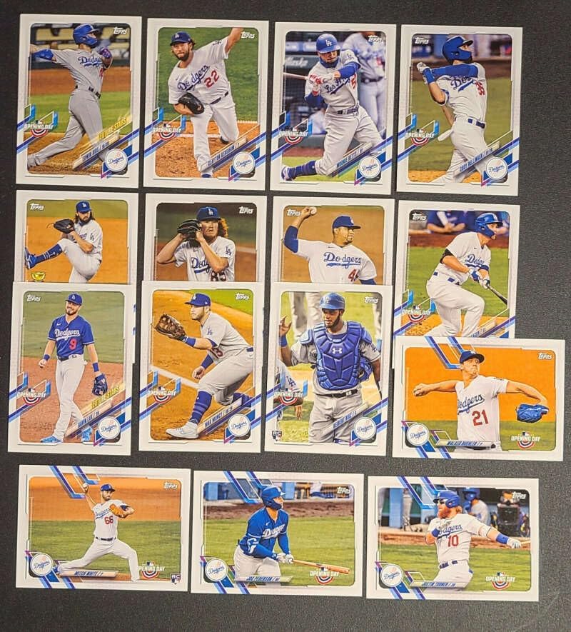 2021 Topps Opening Day Baseball Los Angeles Dodgers Base MLB Hand Collated Team Set in Near Mint to Mint Condition of 15 Cards: 12 Mitch White RC 33 Edwin Rios 39 Clayton Kershaw 44 Justin Turner 56 Mookie Betts 64 Joc Pederson 80 Cody Bellinger 111 Tony Gonsolin 138 Dustin May 147 Brusdar Graterol 174 Corey Seager 190 Gavin Lux 197 Max Muncy 204 Keibert Ruiz RC 208 Walker Buehler