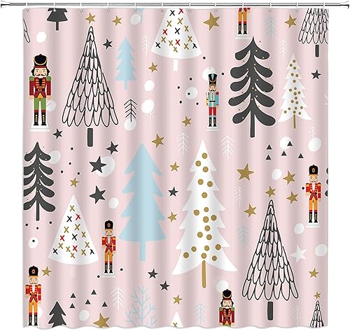 Miniatura 2 de Cortina de ducha de Feliz Navidad, color gris, blanco, rosa, árbol de Navidad, estrellas, cascanueces, caricatura, divertido, invierno, vacaciones,