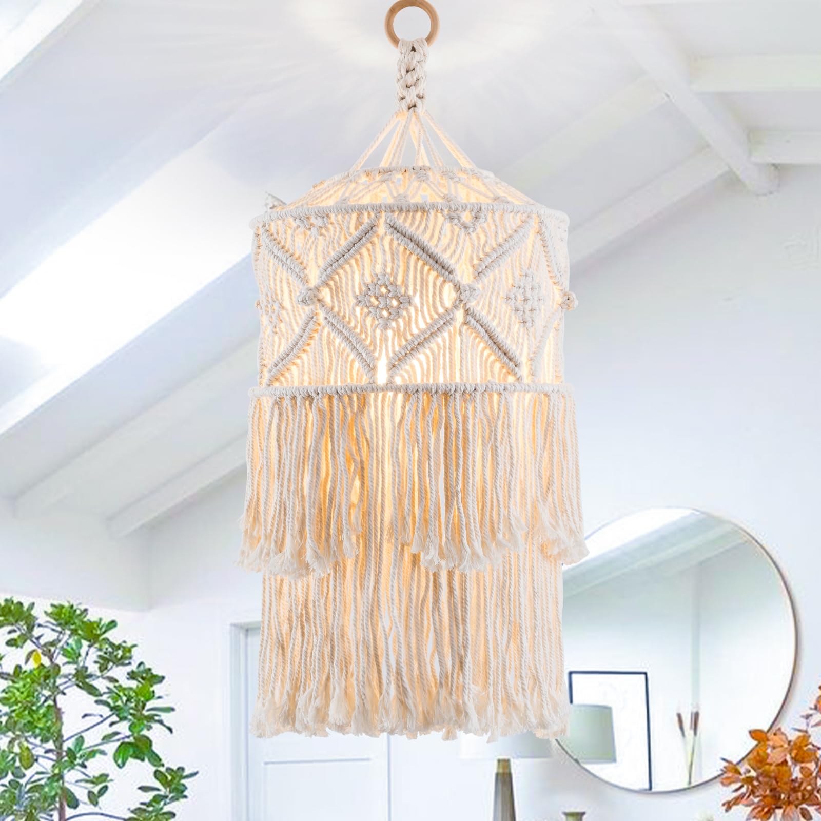 Boho Plug in Pendant Light, Hanging Light with Plug in Cord, Hanging Lamp with Handmade Macrame Lamp Shade, Boho Plug in Hanging Light Fixtures for Living Room Bedroom Decor