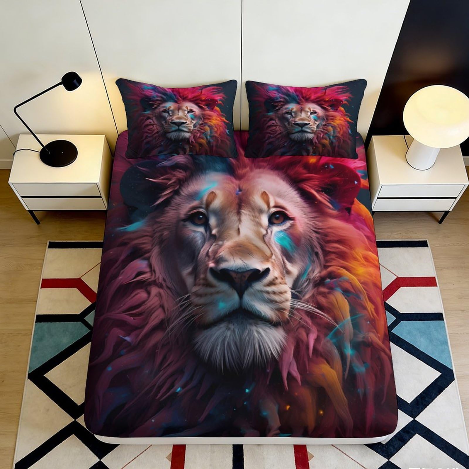 3D Printed Lion Portrait Fitted Sheet Microfiber Soft Breathable Wild Jungle Bed Cover for Bedroom Guest Room Decor 90x200x25cm