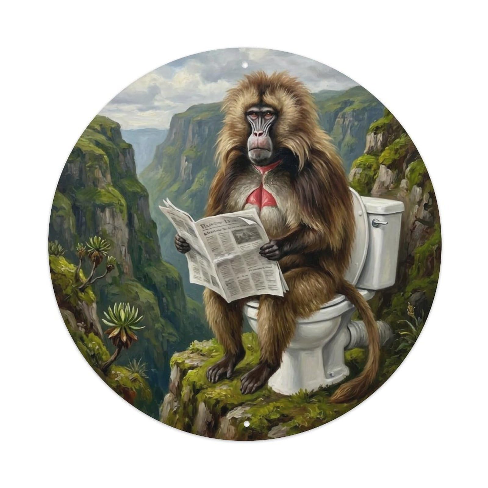 Gelada On Toilet Humorous Bathroom Highland Gorge Reads Metal Tin Sign