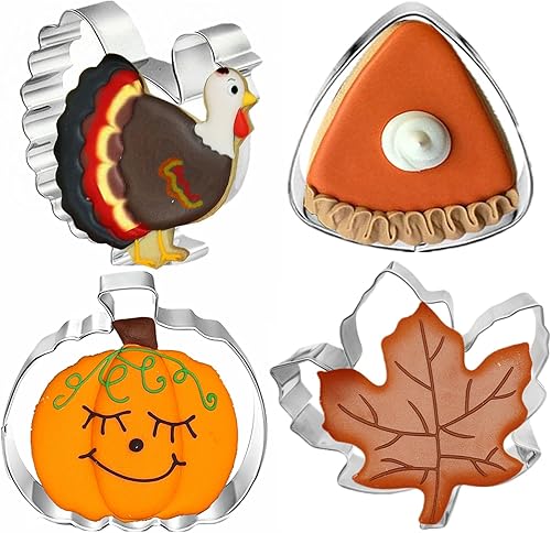 Juego de 4 cortadores de galletas grandes de otoño de Acción de Gracias con instrucciones de receta, formas navideñas de calabaza, hoja de arce,