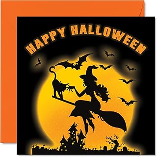 Halloween Cards for Him Her - Halloween Witch Silhouette - Happy Halloween Card for Him Her Mum Dad Brother Sister Friend Colleague, 145mm x 145mm Spooky Gifts Seasonal Greeting Cards