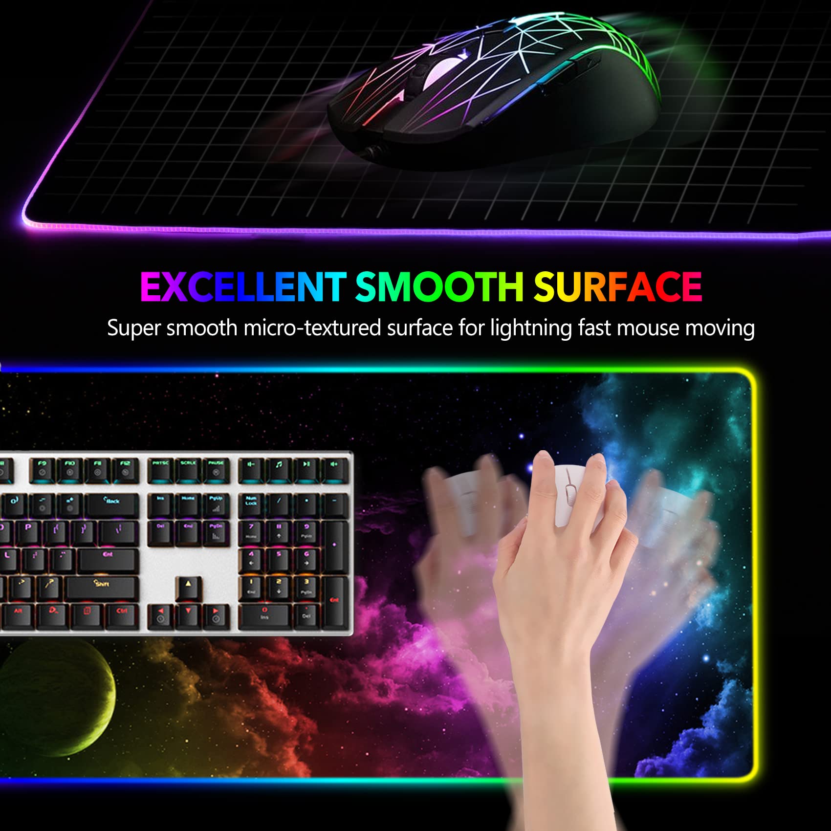 AIMSA Grande tappetino per mouse da gioco RGB, tappetino per mouse con tastiera LED esteso 89,9 x 40,1 cm, base in gomma antiscivolo con 14 modalità di illuminazione, grande tappetino da scrivania