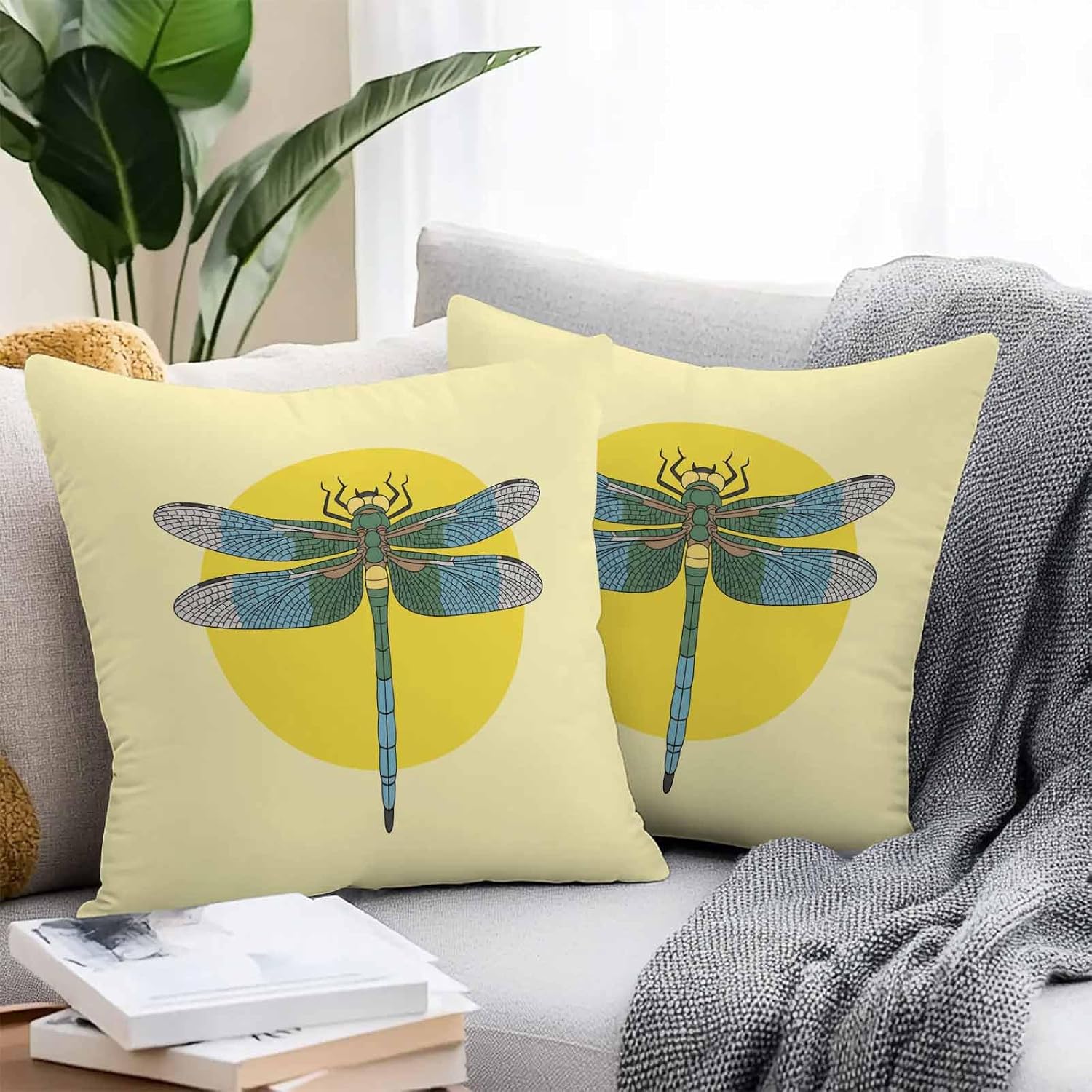 Outdoor Waterproof Throw Pillow Covers 16 x 16 Inches Set of 2 Dragonfly Hand-Drawn Lines Yellow Green Decorative Cushion Cover Pillowcase for Garden Patio Tent Beach Bedroom Livingroom Sofa Couch