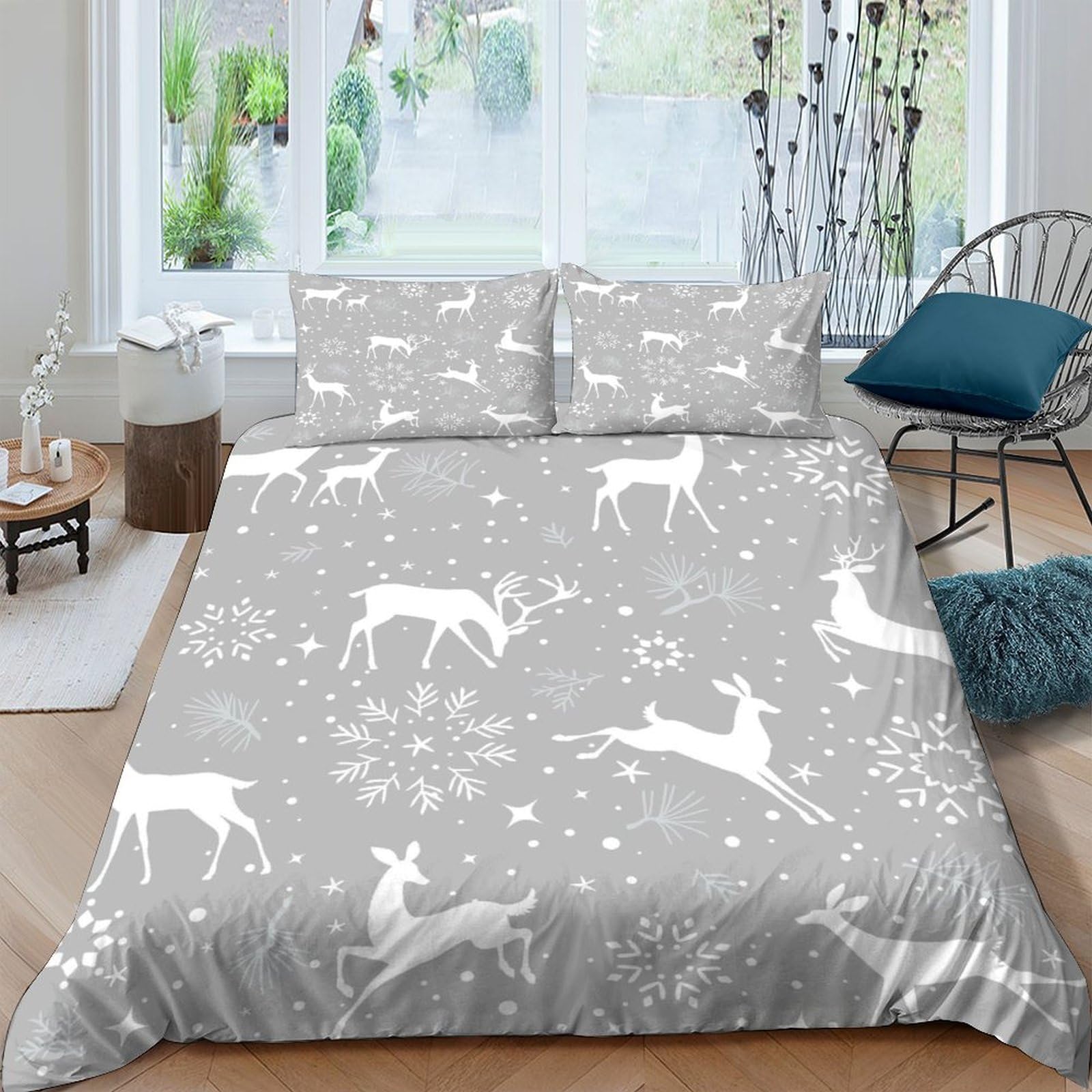 GPLZQXKJNH 3D Printed Grey Reindeer Duvet Cover Microfiber Soft Breathable Snowflake Bedding Set with 2 Pillowcases for Bedroom Decor Single（135x200cm）