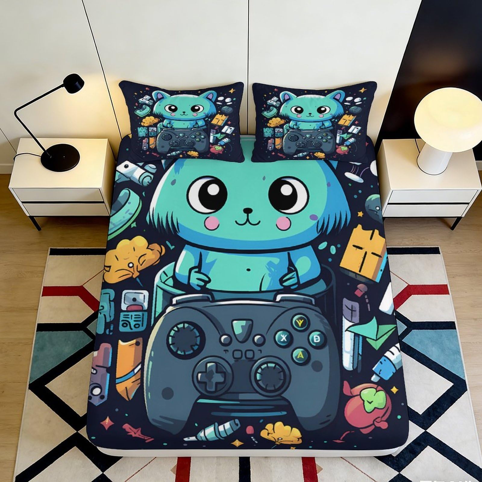 Pnayamiorkfel Style-5 3D Printed Blue Cat Gamer Fitted Sheet Microfiber Anti-Slip Cartoon Gamepad Bed Cover For Bedroom Dorm Decor 90X200x25cm