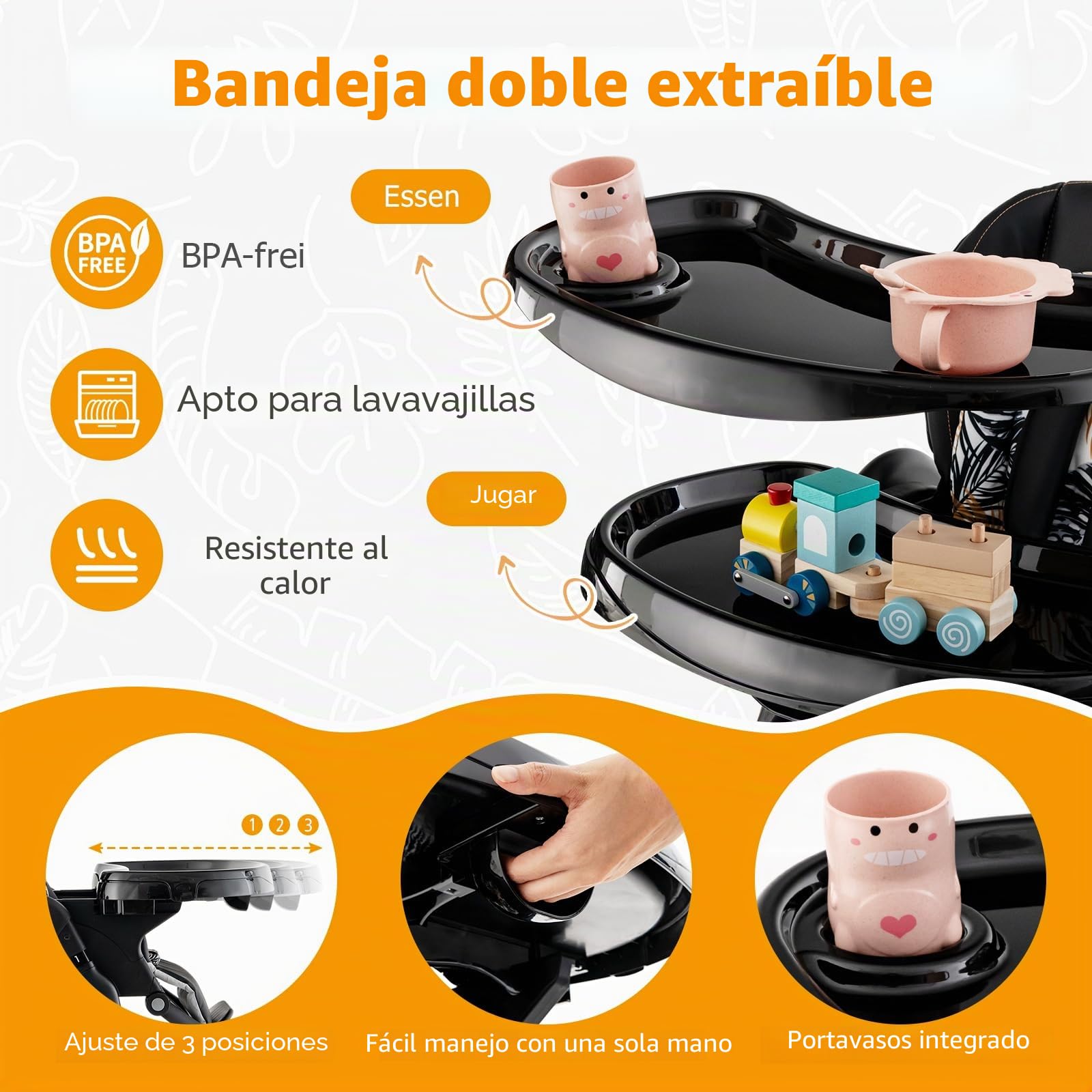 GOPLUS Trona para bebé con bandeja doble extraíble, respaldo ajustable, reposapiés y altura del asiento, silla de alimentación con ruedas y bolsa de almacenamiento para bebés de 6 a 36 meses (negro)