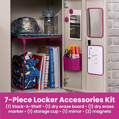 Miniatura 3 de LockerMate Kit organizador de casillero de 7 piezas, incluye estante de casillero, espejo, pizarra blanca, taza de almacenamiento y marcador de