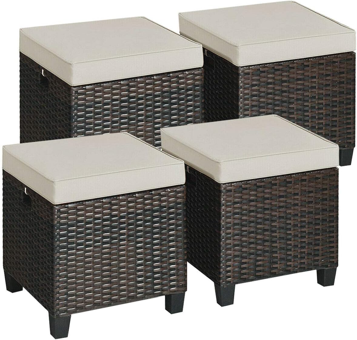 Tangkula 4 Pieces Outdoor Patio Ottoman, All Weather Rattan Wicker Ottoman Seat, Patio Rattan Furniture, Outdoor Footstool Footrest Seat w/Removable Cushions (Brown)