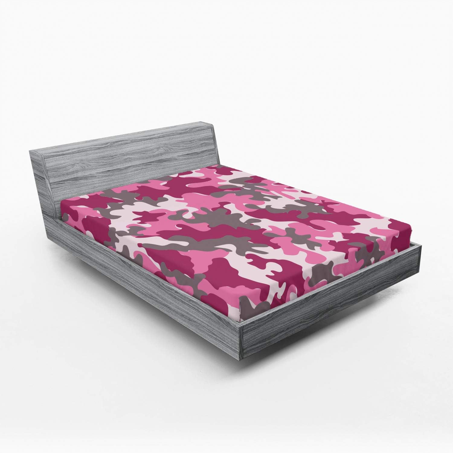 Ambesonne Camo Fitted Sheet, Pattern in Pink Tones Feminine Design Girlish Vibrant, Bed Cover with All-Round Elastic Deep Pocket for Comfort, Queen Size, Magenta Hot Pink Grey