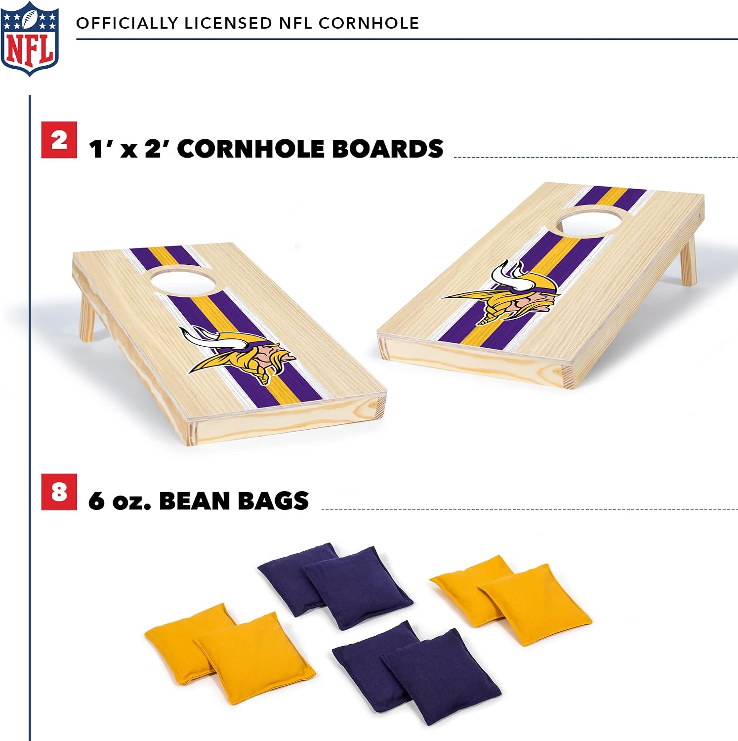 Wild Sports NFL Football Minnesota Vikings 1' x 2' Travel Size Solid Wood Cornhole Set with Direct Print HD Team Graphics – Great Gift for Any Sports Fan! Bean Bag Toss Family Games for Outdoor Play