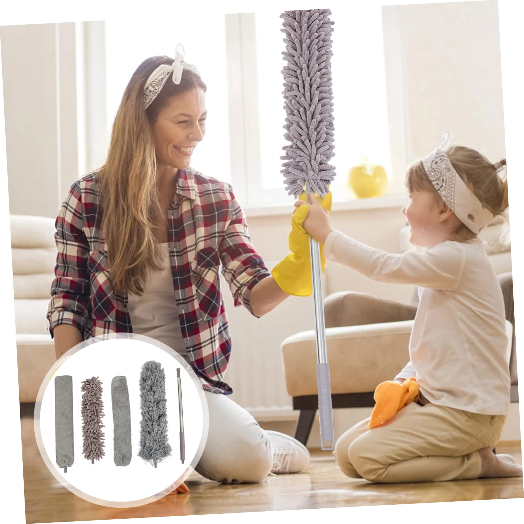 KOMBIUDA Microfiber Dust Brush Set Ceiling Wall Furniture Car Washable Reusable Long Handled Duster