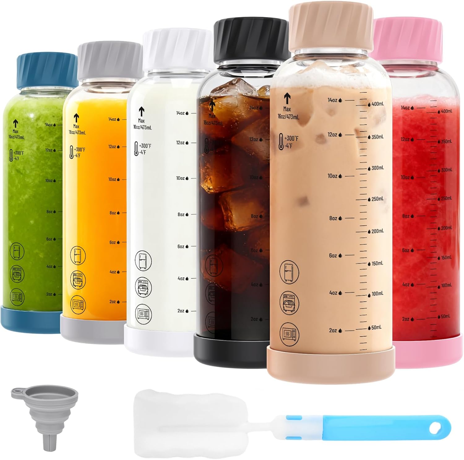 16 oz Glass Juice Bottles with Lids, 6 Pack Borosilicate Glass Bottles with Stainless Steel Lid – Reusable, BPA-Free for Juicing, Smoothies, Infused Water & Protein Drinks, Leakproof, Clear