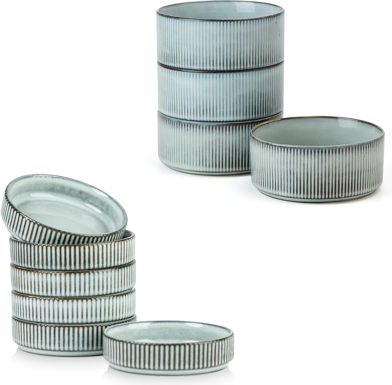 famiware 5.5" Soup Bowl Set of 6 and 4oz Dipping Bowl Set of 6 - Star Stoneware Dishes - Smoky Blue