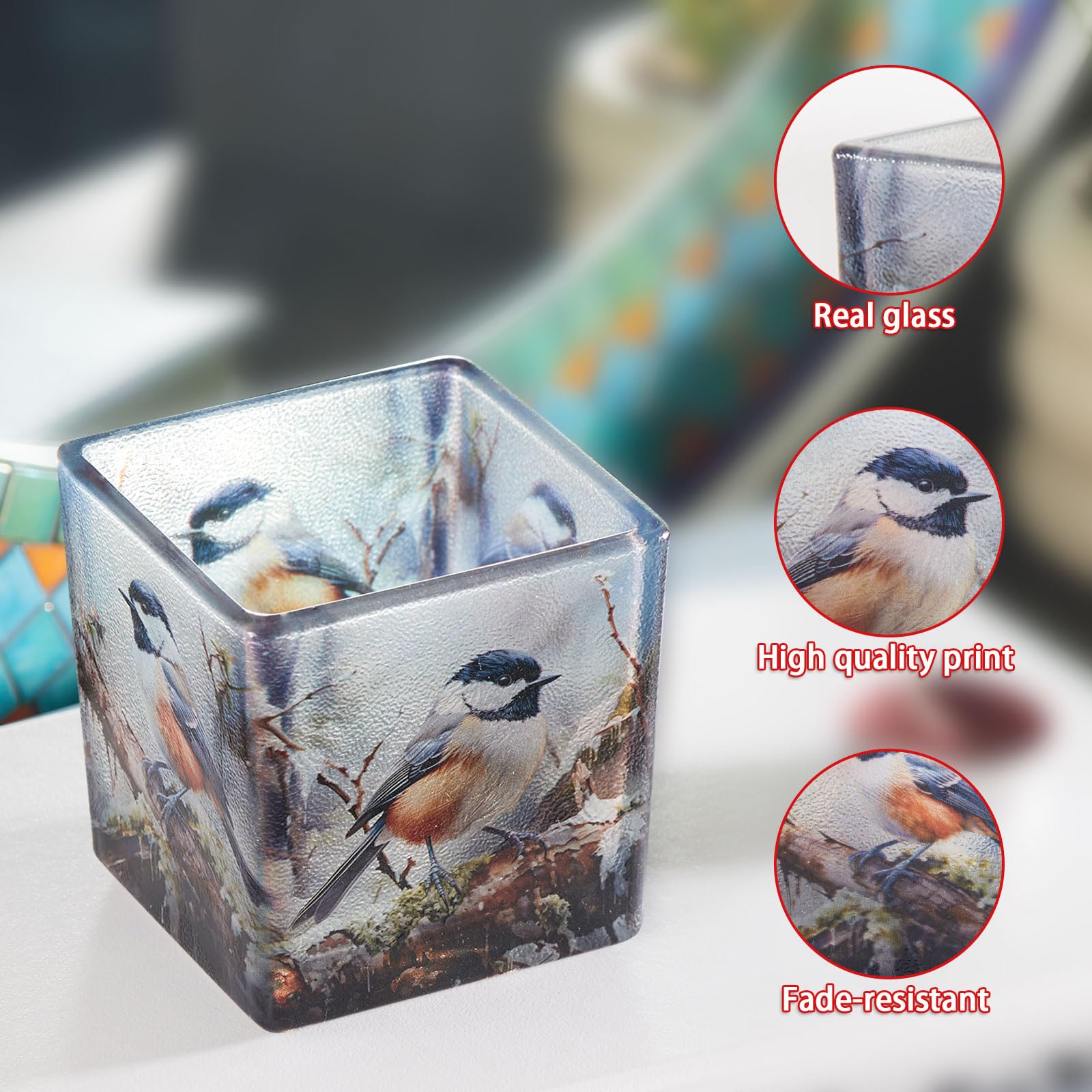 Wotywny świecznik na podgrzewacze, kwadratowy szklany wazon do dekoracji stołu, wielofunkcyjny szklany kubek do dekoracji stołu, 7,9 x 7,9 x 7,9 cm, ptak na gałęzi