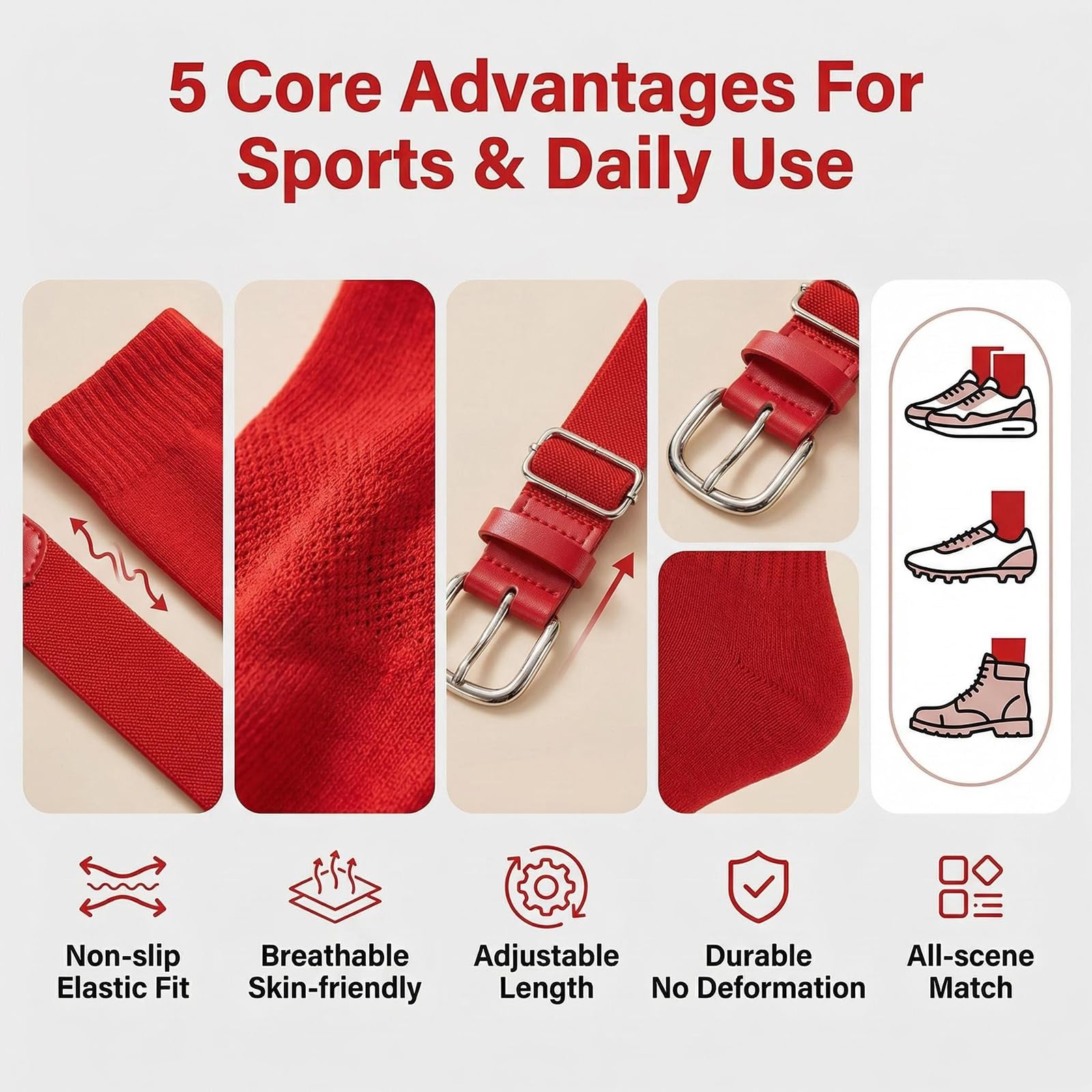 VASANA Baseball-Socken und Gürtel, verstellbar, Softball-Socken, elastisches Polyurethan-Leder, Hüftgürtel, Sport-Zubehör für Unisex-Jugendliche (geeignet für Schuhgrößen 26–34 EU/18–22 cm), rot, S