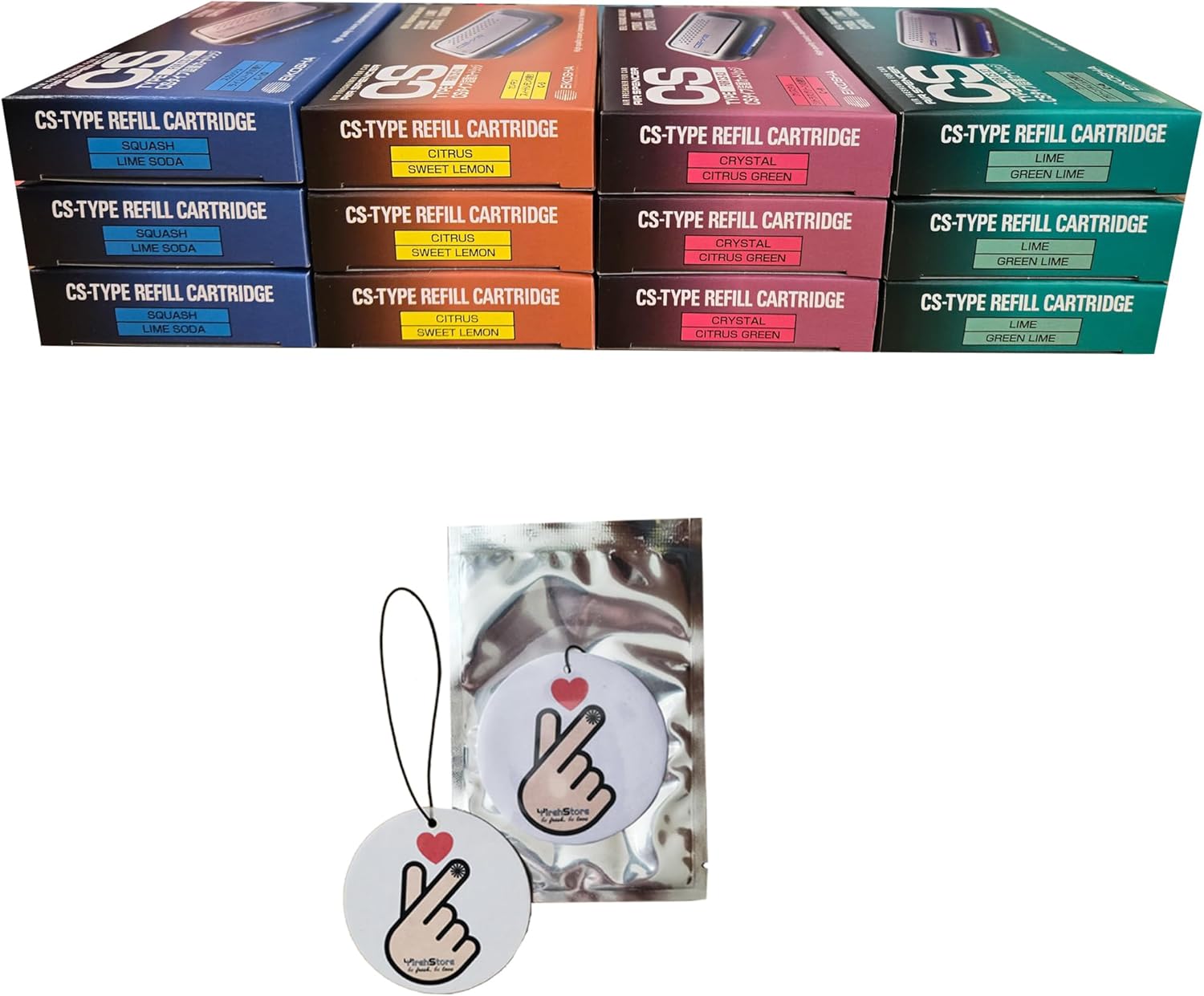 YirehStore CSX3 Air Spencer CS-X3 Air Freshener Refill Cartridge, 12-Pack Assorted Bundle (4 Different Scents, 3pk for each scent), and YirehStore Car Hanging Freshener, Finger Heart
