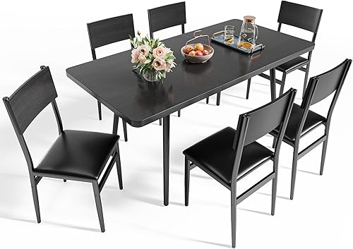 Miniatura 9 de Ahomly Juego de mesa de comedor extensible de 7 piezas con 6 sillas acolchadas, juego de mesa de comedor de 63 pulgadas para 4-6, juego de mesa de