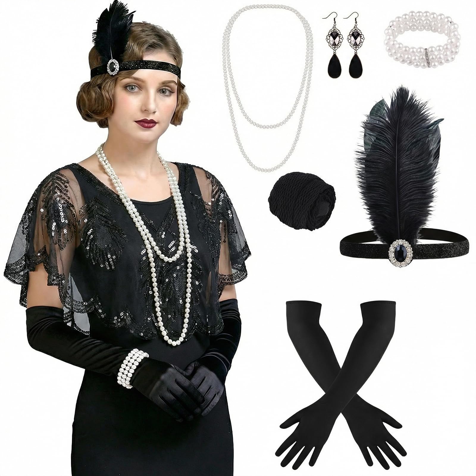 ELECLAND 10 Pieces 1920s Flapper Great Gatsby Accessories Set Fashion Roaring 20's Theme Set with Headband Headpiece Long Black Gloves Necklace Earrings for Women (Black (Style 9))