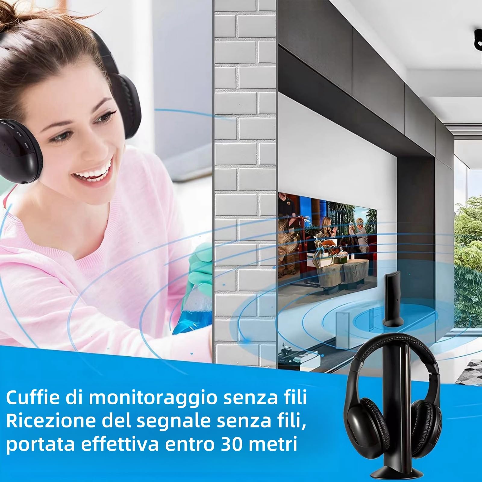 PROW TV Cuffie Over-Ear Senza Fili con Base Trasmettitore e Funzione di Monitoraggio Radio FM per Anziani, Supporto RCA, AUX, Porta Ottica e Coassiale