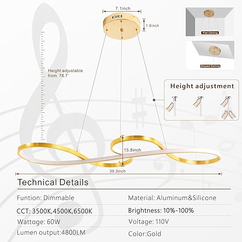Miniatura 5 de Moderna lámpara colgante LED, lámpara dorada regulable con control remoto, forma de música de acrílico y aluminio, lámpara colgante ajustable para