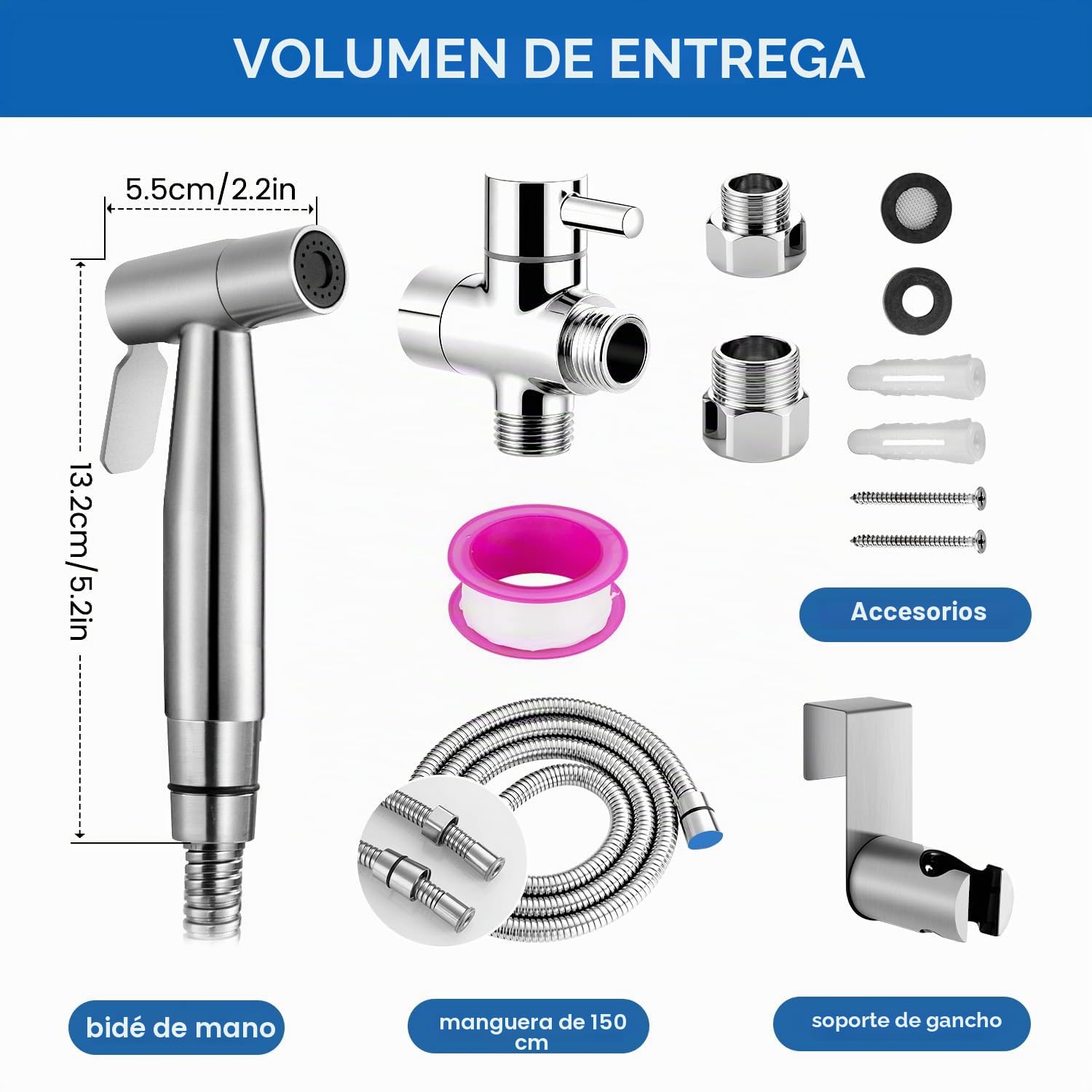 Duchas Higienicas Para WC, Grifo de Bidet con Manguera 1.5m, Sustituto Utilizado en El Baño, para Mascotas, La Higiene Personal con Adaptador G1/2,G3/8