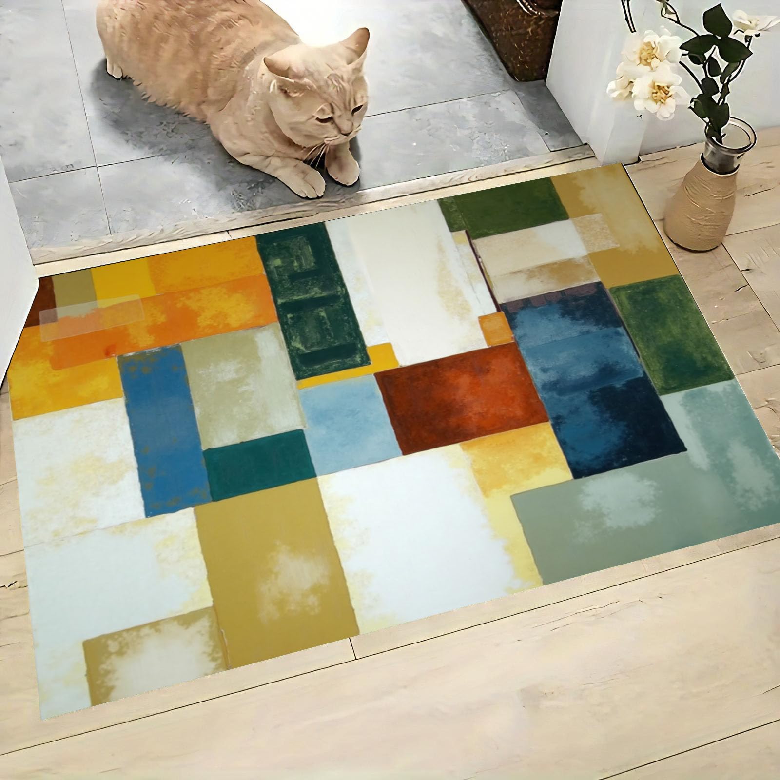 Tapis de bienvenue antidérapant et lavable géométrie jaune bleu
