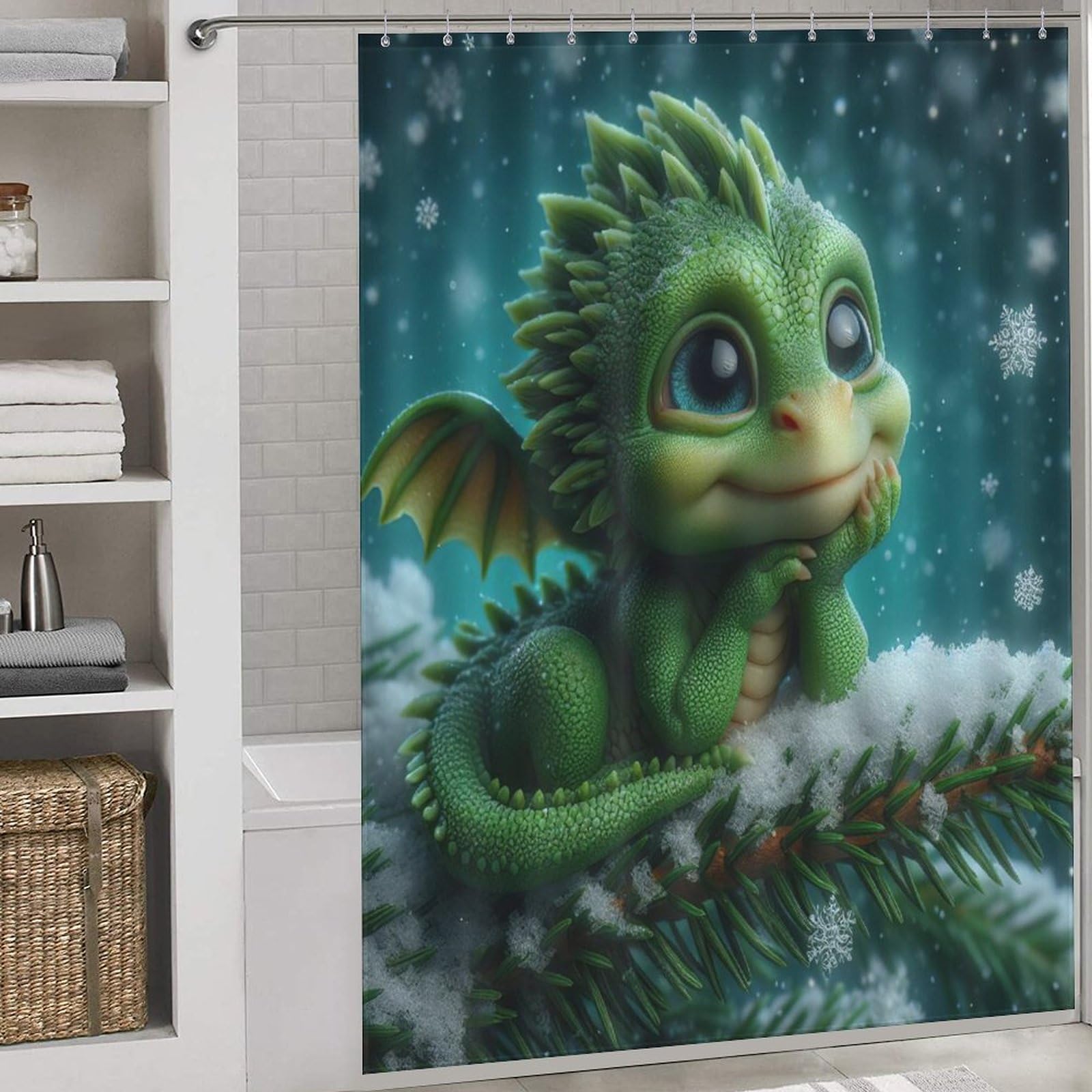 Cute Dragon Shower Curtains - Waterproof Washable Polyester Fabric for Wet Room/Bathroom, with 12 Durable Plastic Hooks, 66x72Inch（168x183cm）