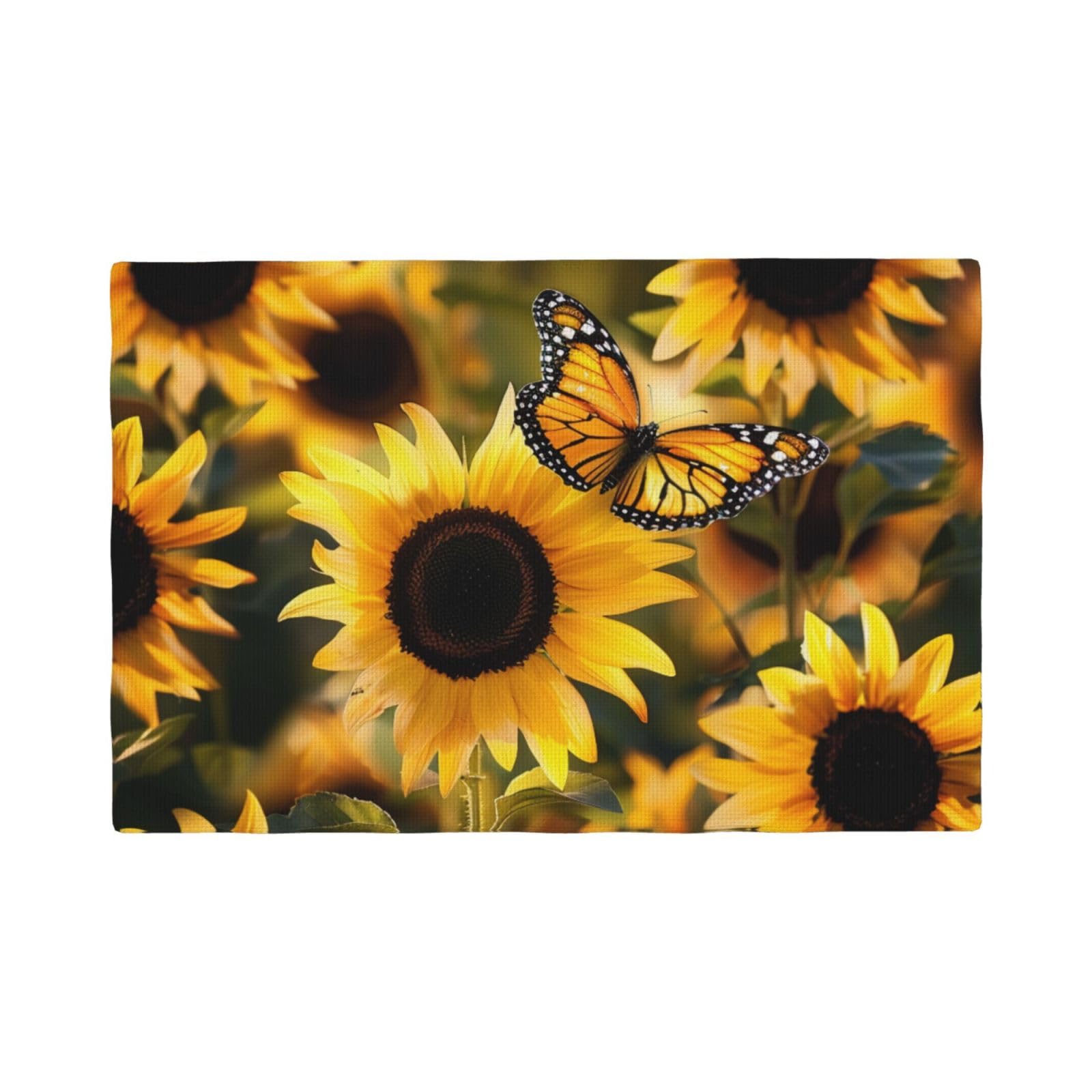 Sunflower Blooming Flowers Plants Butterfly Print Placemats Set, Heat Resistant Washable Placemat 12x18in Table Mats for Party Kitchen Dining Table Decoration Indoor Outdoor, Six Piece