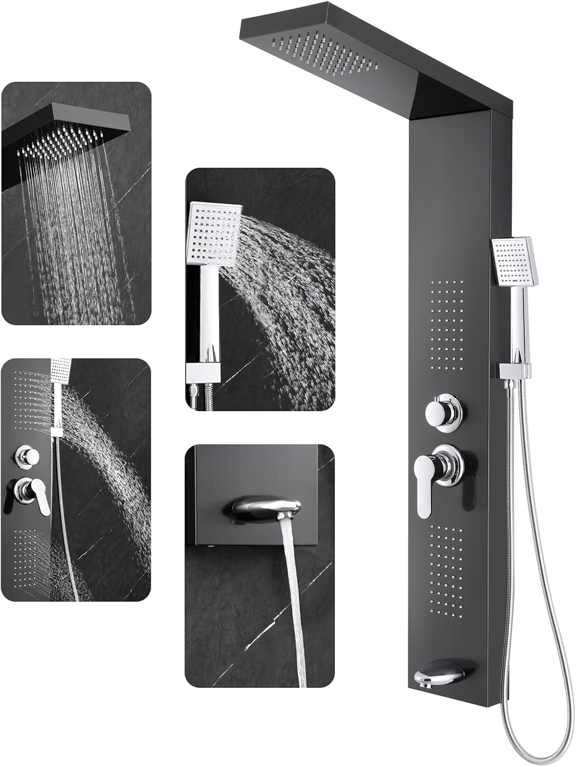 ROVOGO Black Shower Panel Tower System, 4 Modes - Rainfall, Massage Jets, Hand Shower and Bath Spout, Stainless Steel Shower Column, Wall Mounted