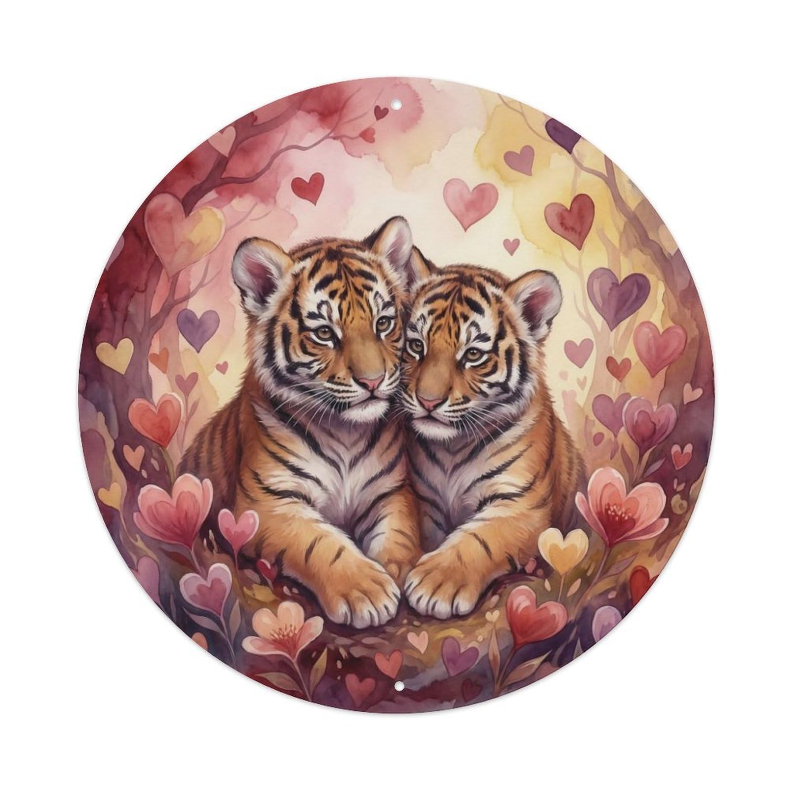 Animal Poster Tiger Cubs Romantic Valentines Day Cute Love Vintage Metal Tin Sign Plaque Wall Decor for Cafe, Club Bar, Office, Garden Metal Poster 8x8Inch
