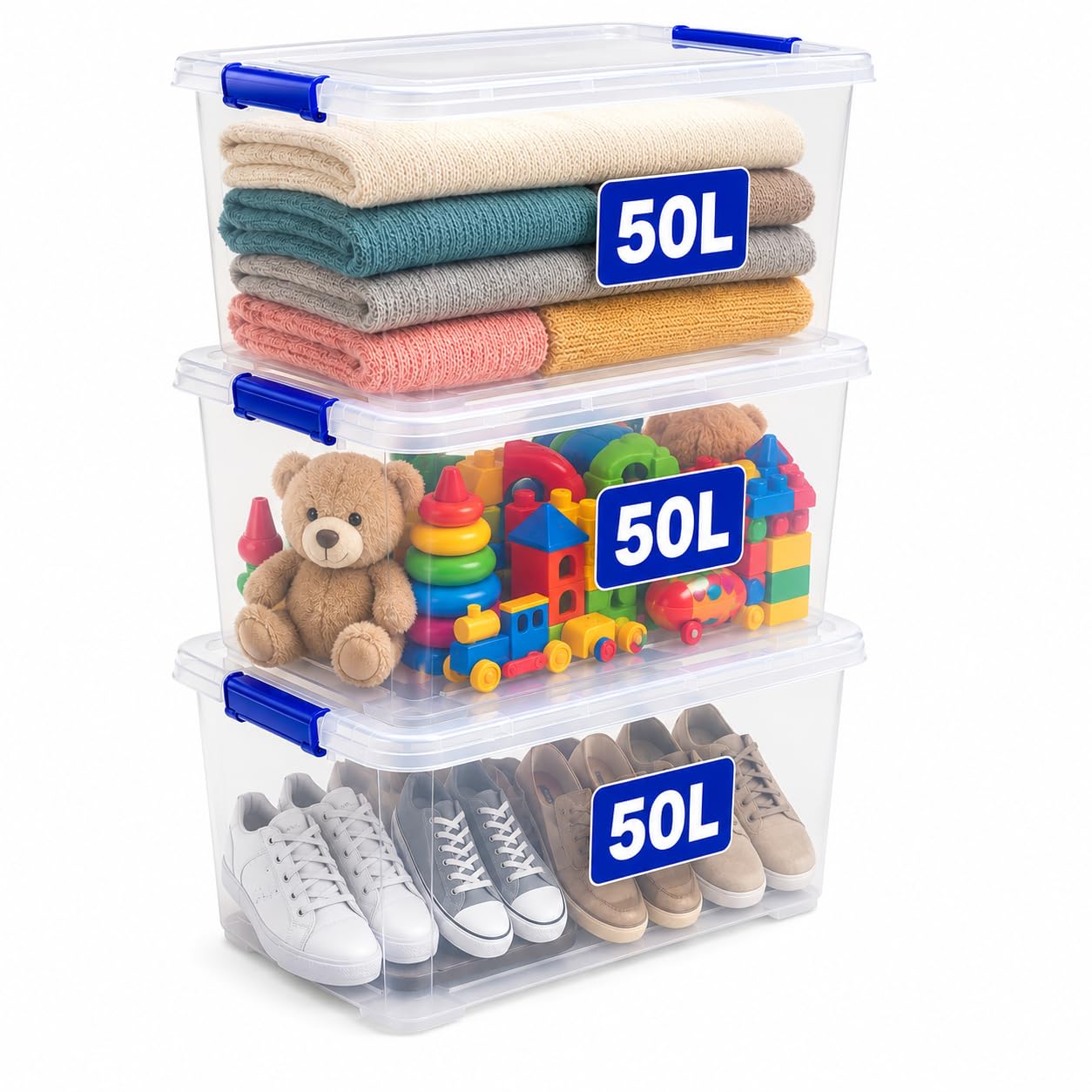 KAPCO Stackable Storage Bins with Lids – 3 x 50L Clear Plastic Organizer Boxes | Durable Modular Containers with Clip Lock Handles for Home, Garage, Loft, Kitchen, Closet, Office, Moving, Pantry Use