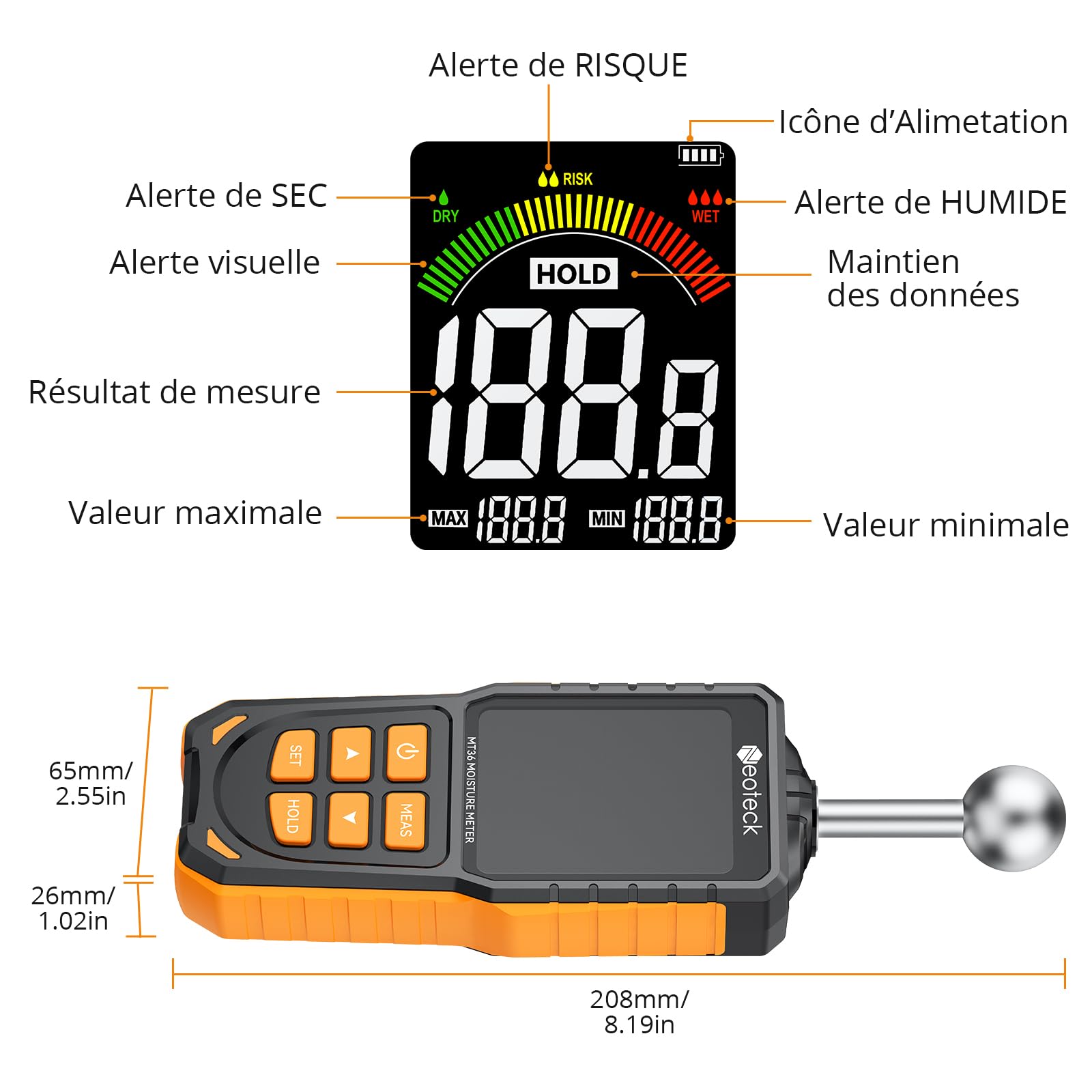 Neoteck Humidimètre Non Destructif USB Rechargeable Profondeur 5-40mm Détecteur Humidité avec Alarme Sonore pour Murs Bois Béton