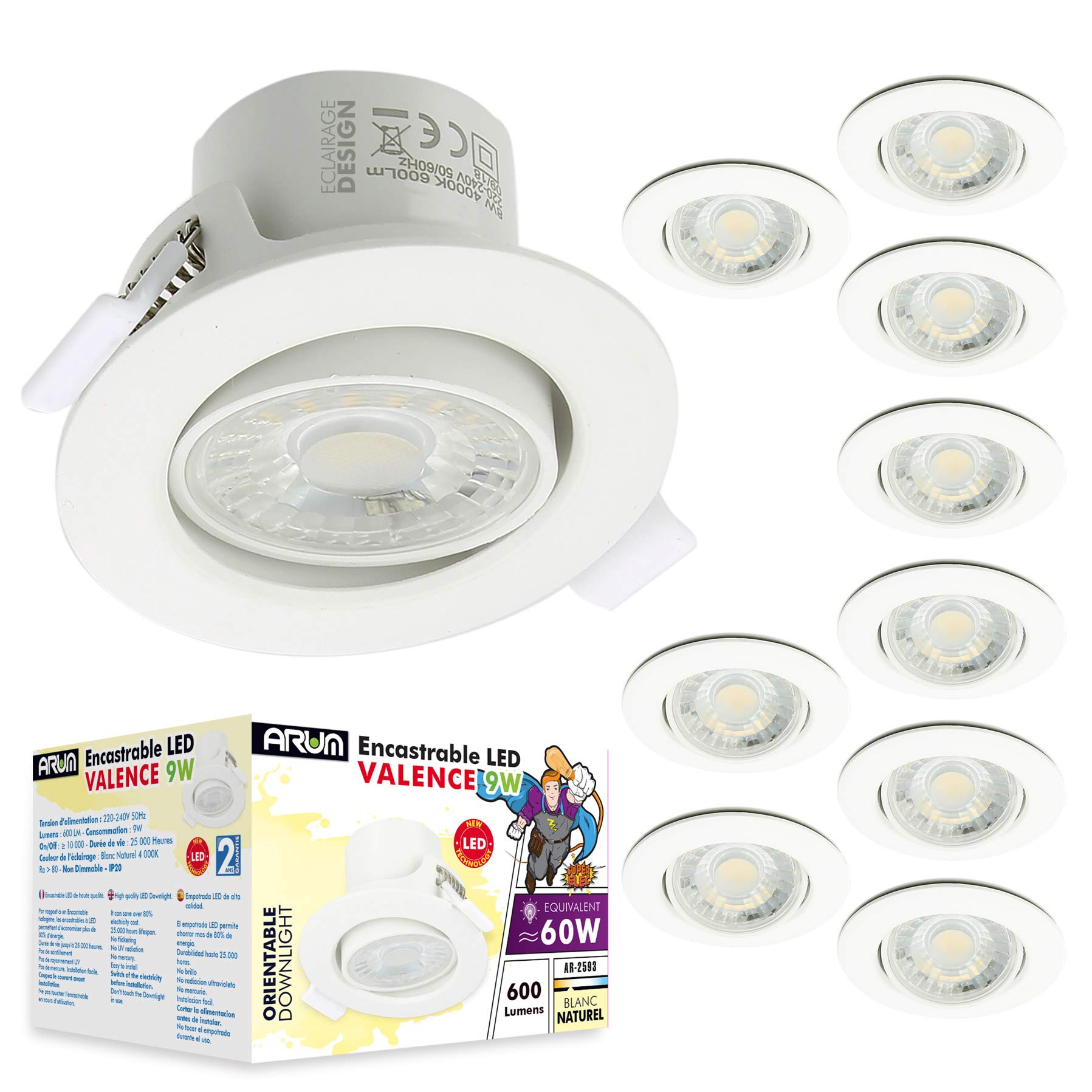 Arum Lot de Spots Encastrables Valence 8W Orientable Equ. 70W (Blanc Naturel 4000K, x10 Spots Valence)