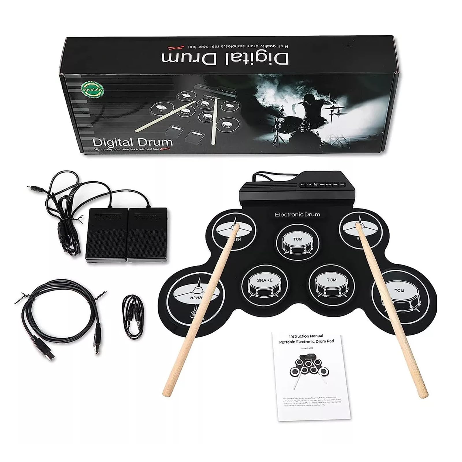 Batería Electrónica Portátil USB Pads de Silicona y Abs, Función Metrónomo Incorporado, Adecuado para Práctica Silenciosa y Transporte Cómodo