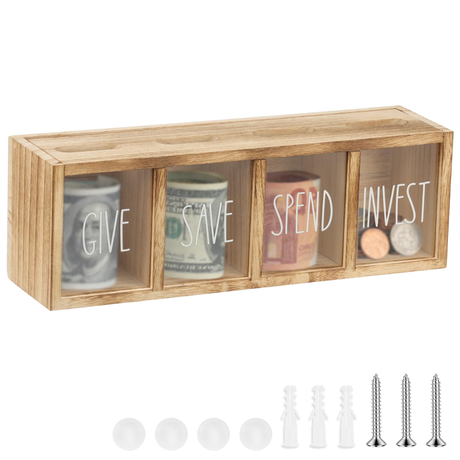 Wooden Give Save Spend Invest Money Saving Box Visual Piggy Bank Light — image 1