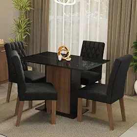 Conjunto Sala de Jantar Mesa Tampo de Vidro 4 Cadeiras Rustic/preto/oxford Reale Madesa