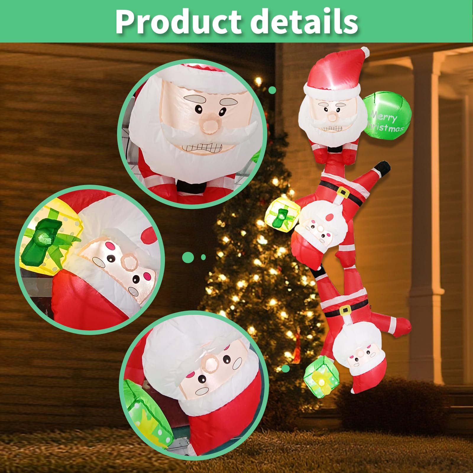 Decorazione natalizia gonfiabile, illuminata, adatta per Natale, interni ed esterni, decorazione da giardino (2,4 m, set gonfiabile Babbo Natale che si arrampica