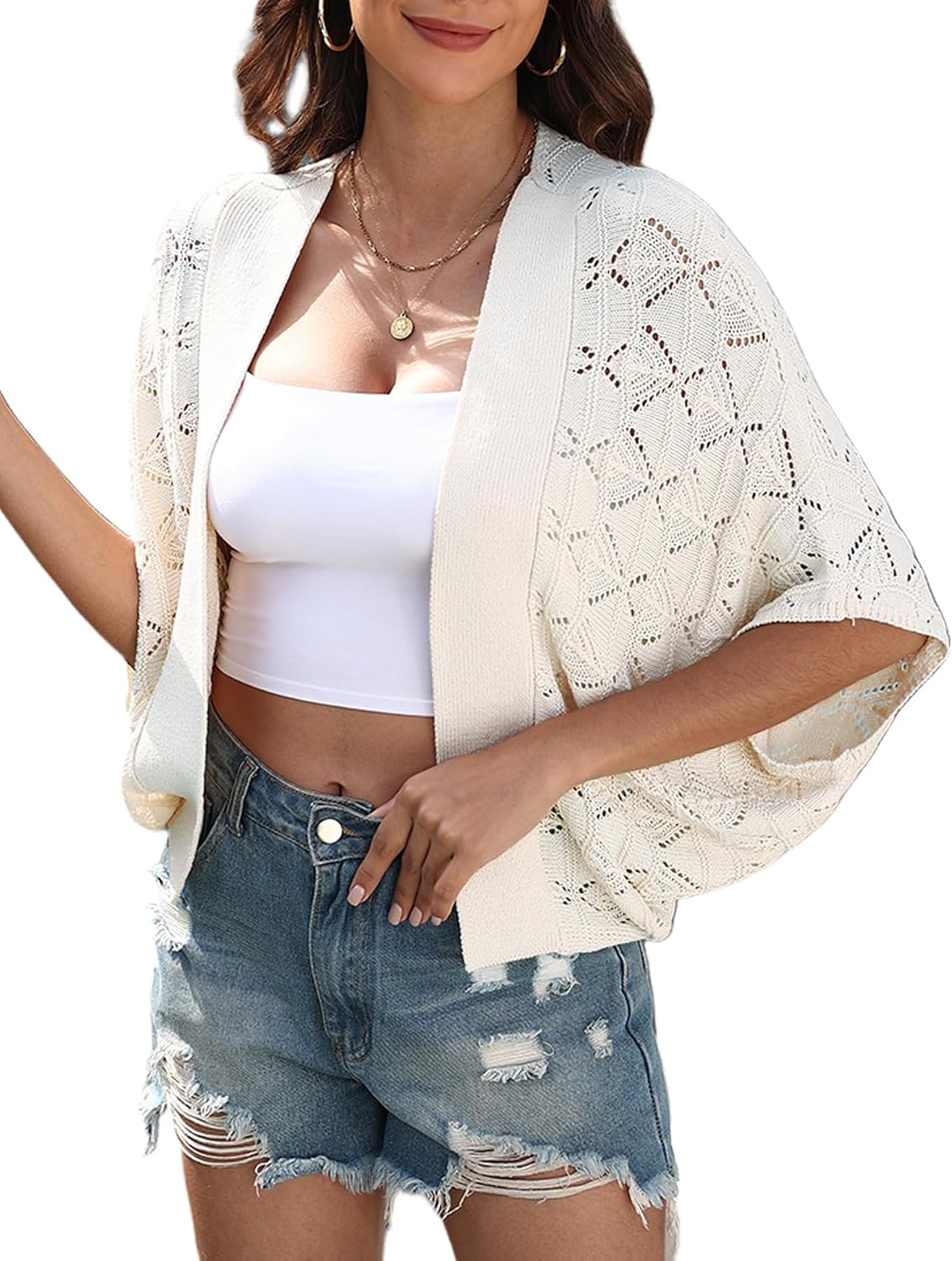 Women 2025 Batwing Hollow Out Open Front Summer Lightweight Sweater Crochet Cardigan
