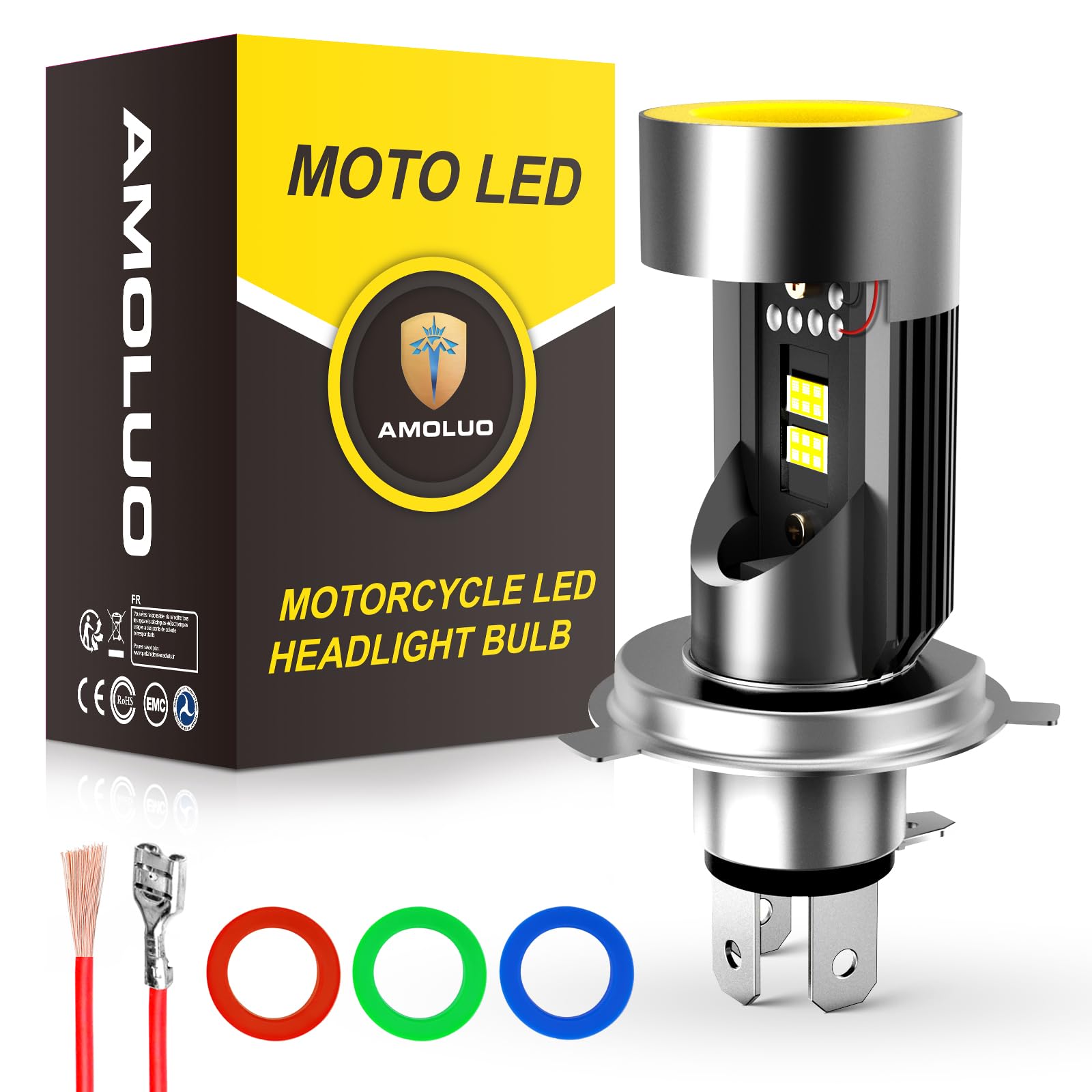 AMOLUO H4 LED Lampadina Per Fari Moto,Occhi Angelo Intercambiabili a 5 Colori,HS1 LED Con Modalità Costante Luci di Marcia Diurna,30W 6000K DC12-36V, 1 Lampade