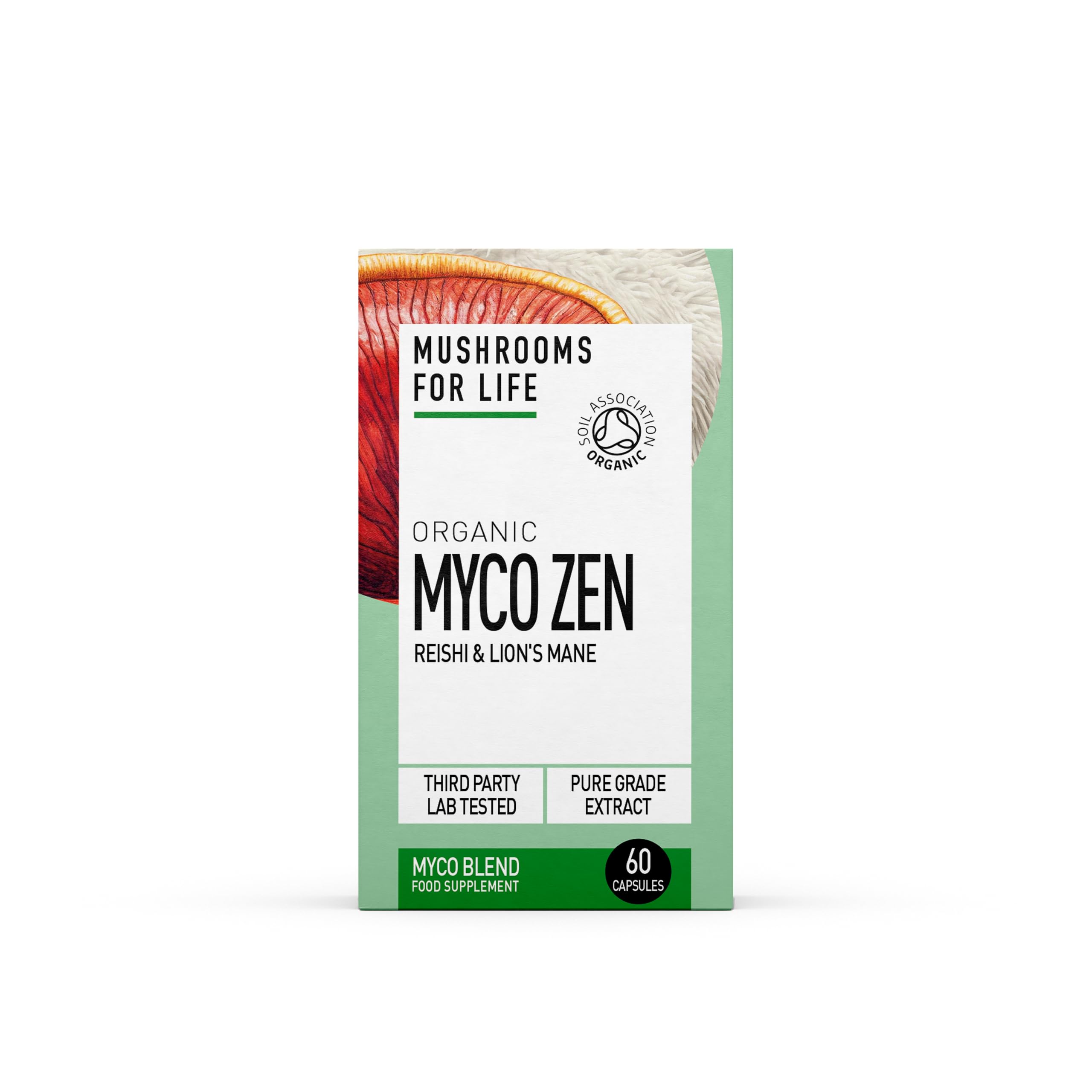 Organic Myco Zen Mushroom Super Blend (Lion’s Mane + Reishi) - 60 Caps or 60g Powder - Mushroom Superfood Supplement - Pure Grade Extracts, No Binders (60 Caps)