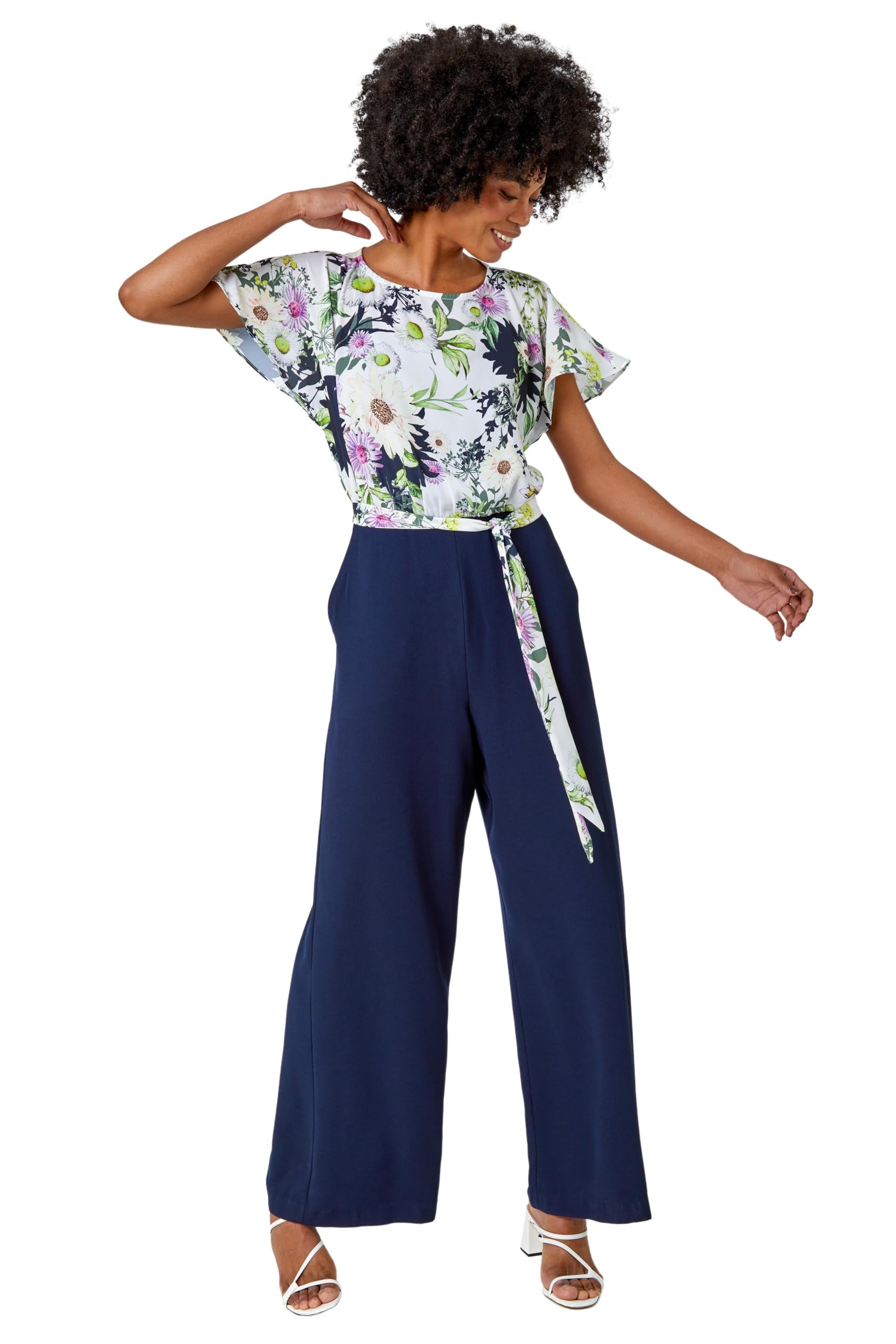 Roman Originals Women's Navy Floral Floral Print Contrast Jumpsuit For Uk - Everyday Holiday Spring Summer Round Neckline Comfy Soft Evening Vacation Work Party - Size 20