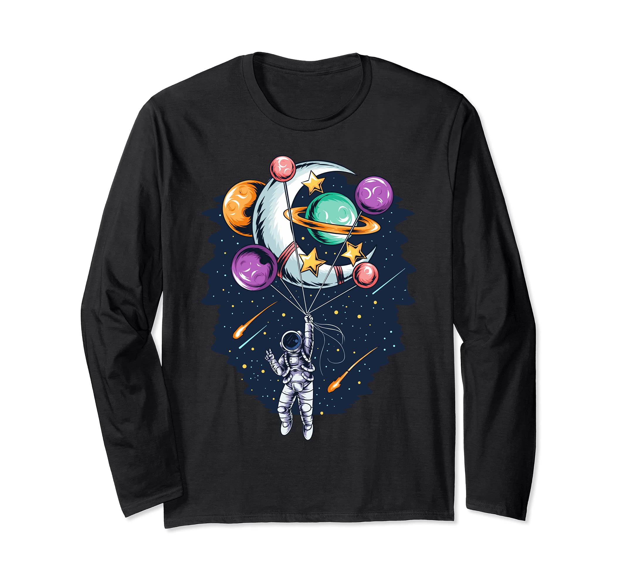 Space Astronaut Flying Holding Planet and Moon Balloons Long Sleeve T-Shirt, Black