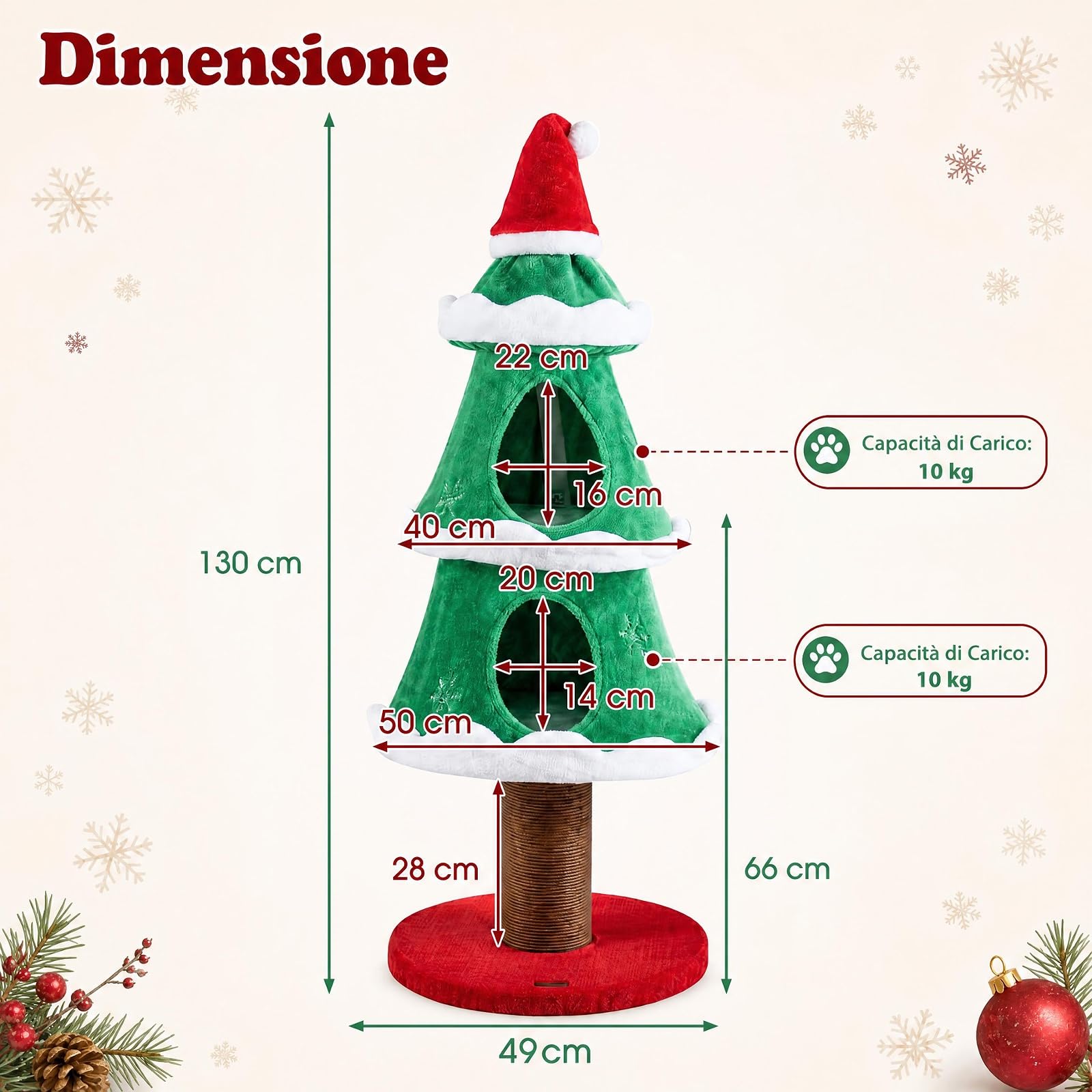 COSTWAY Albero Tiragraffi per Gatti con 2 Cucce, 49 x 49 x 130 cm