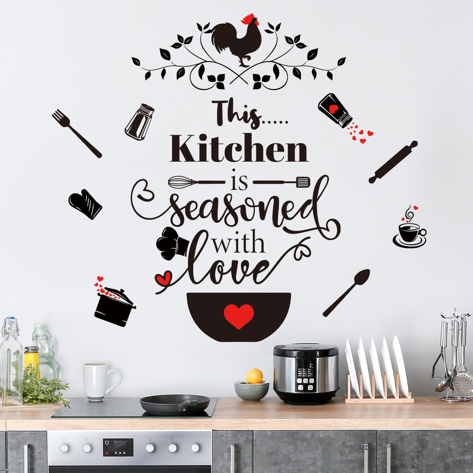 decalmile Kitchen Wall Decal Quotes This Kitchen is Seasoned with Love Black Utensil Wall Letter Stickers Living Room Dinning Hall Home Wall Decor