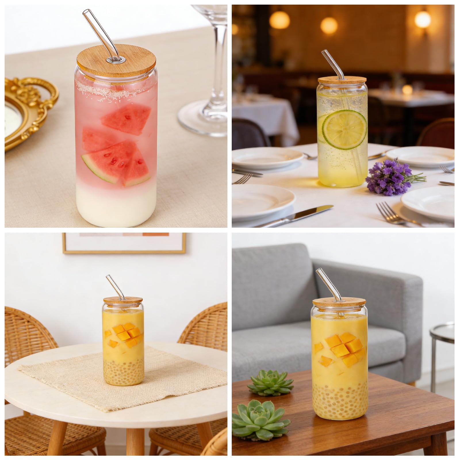 6 Pezzi Bicchieri di Vetro con Coperchi e Cannucce, 500 ml Bicchiere con Cannuccia, Tazze in Vetro da Caffè Ghiacciata, Bicchiere da Birra a Forma di Lattina, Bicchieri da Cocktail