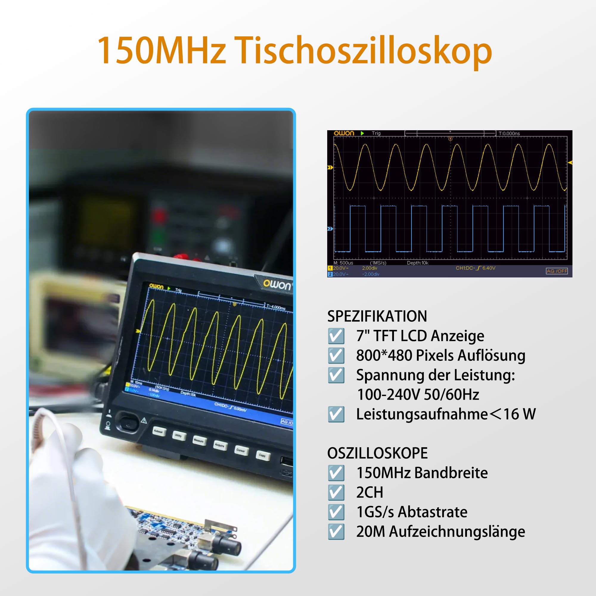 OWON Osciloscopio de 150MHz de ancho de banda, 2 canales, oscilógrafo digital, soporte de 30 mediciones automáticas de forma de onda con pantalla TFT LCD de 7" (2CH/150MHz/SDS215)