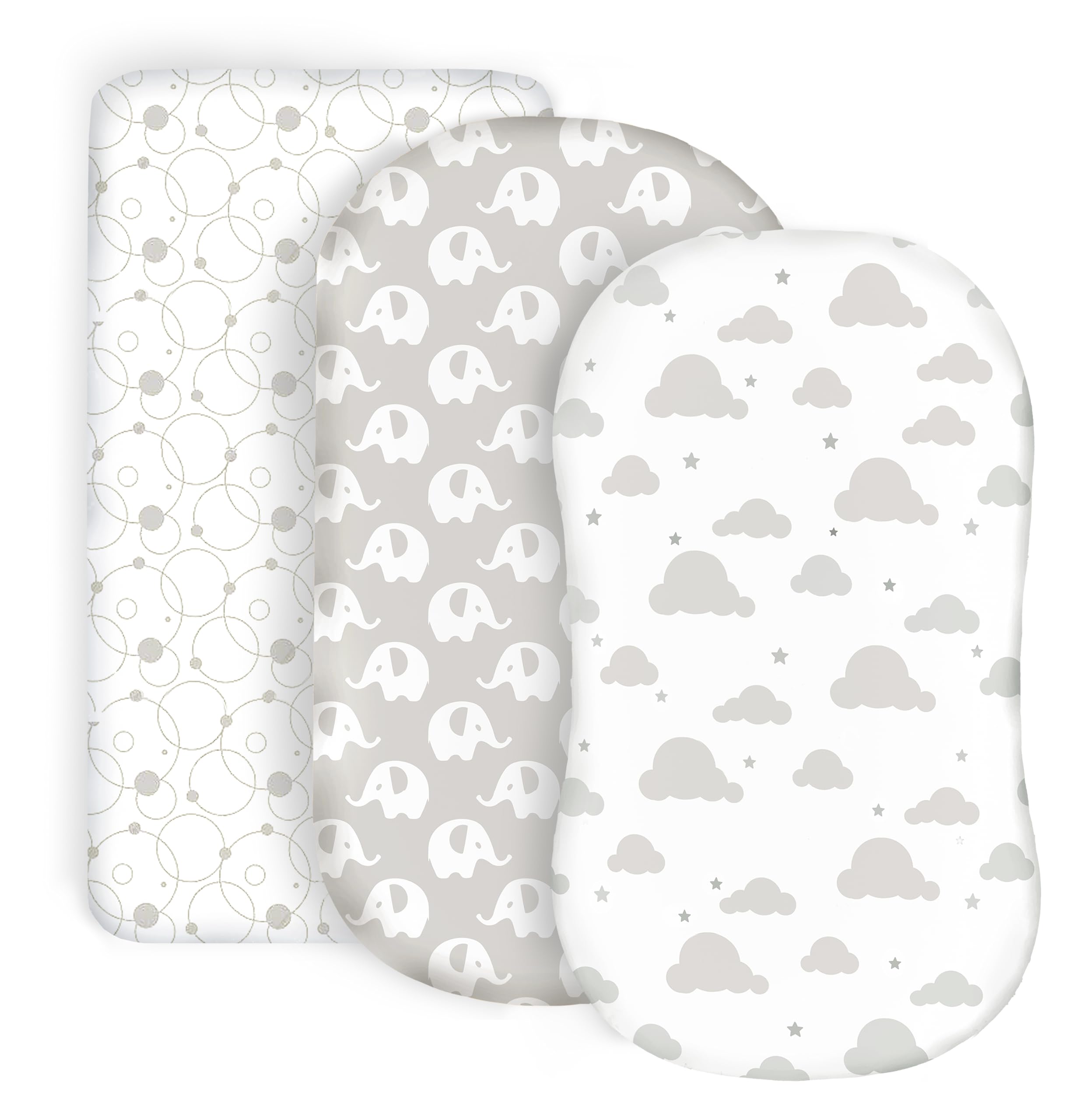 100% Organic Cotton Fitted Bassinet Sheets Perfectly Compatible with Halo, Snoo, Graco, and All Other Standard Size Bassinets. 3 Pk Adapts to Oval, Hourglass & Rectangle Shaped Bassinet Pads. Grey